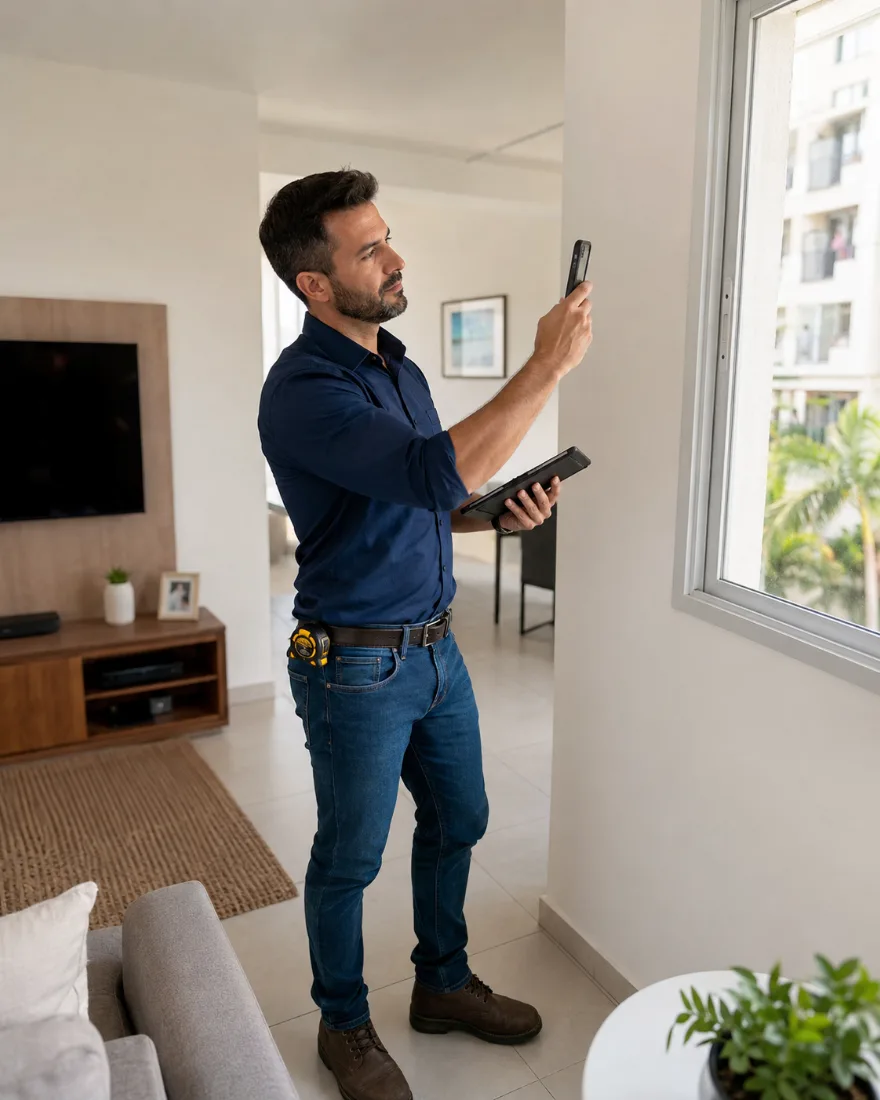 Vistoriador da Sicherhaus fotografando a janela de uma sala durante vistoria de imóvel, com tablet na mão e trena no cinto